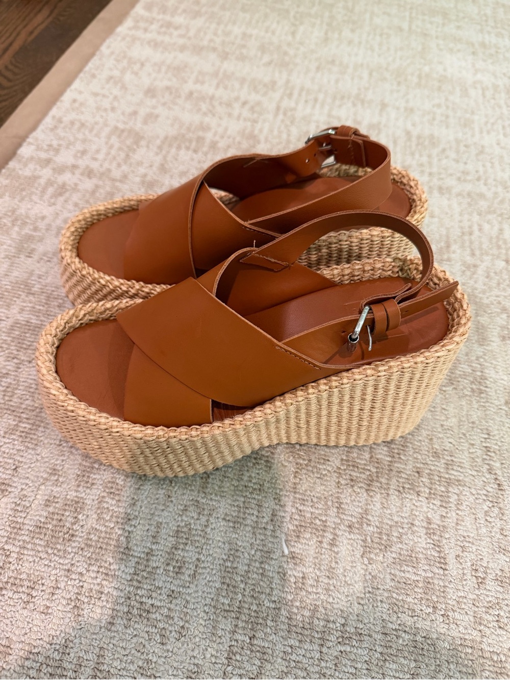 NWOB Dolce Vita Cognac Leather Cross-Strap Wedge Sandals